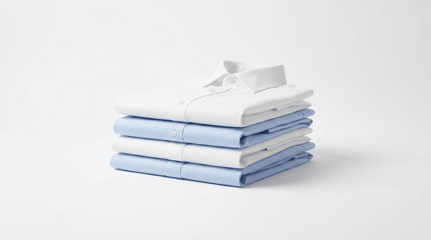 A neat stack of freshly pressed white and pale blue cotton shirts